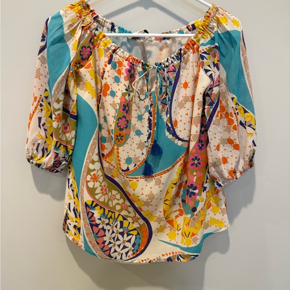 💋 Trina Turk Multicolor Off-Shoulder Blouse 077 - Picture 2 of 5